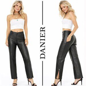 Danier Black Leather Wide Leg Pants Tall Seamed Zip Hem Size 8
